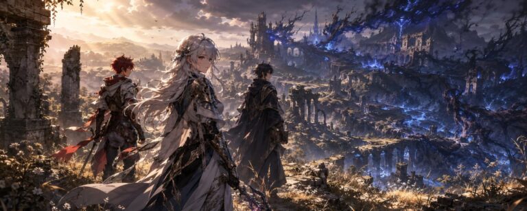 Drei Anime-Fantasy-Figuren stehen in einer felsigen Ruinenlandschaft, während im Hintergrund zerfallene Mauern und helle Gräser zu sehen sind.