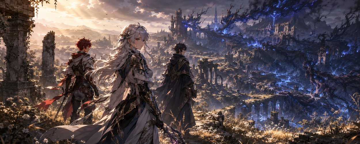 Drei Anime-Fantasy-Figuren stehen in einer felsigen Ruinenlandschaft, während im Hintergrund zerfallene Mauern und helle Gräser zu sehen sind.