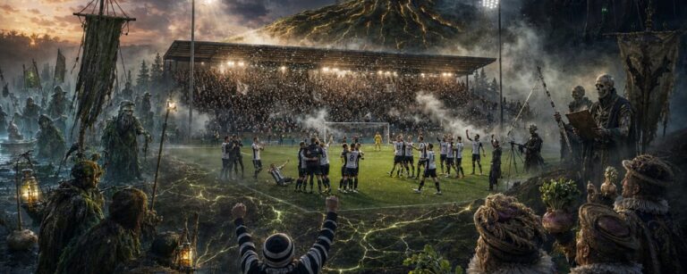 Fantasyhafte Fußballszene mit kleinem Stadion, jubelnden Spielern, einer gewaltigen leuchtenden Kaiserlinde über dem Spielfeld und dunklen Abordnungen aus den Zwischenreichen am Rand.