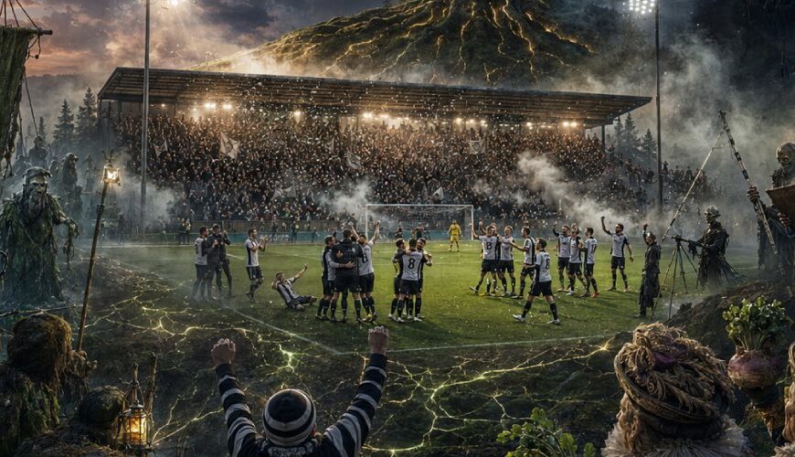 Fantasyhafte Fußballszene mit kleinem Stadion, jubelnden Spielern, einer gewaltigen leuchtenden Kaiserlinde über dem Spielfeld und dunklen Abordnungen aus den Zwischenreichen am Rand.