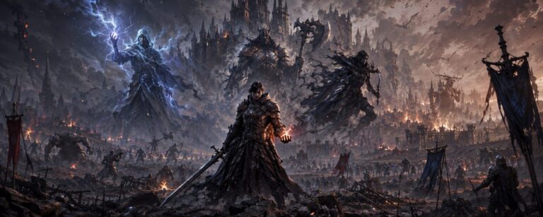 Ein dunkler Fantasy-Krieger steht vor einer verwüsteten Burglandschaft, während Monster, brennende Ruinen und drei geisterhafte Klassen-Silhouetten im Hintergrund erscheinen.