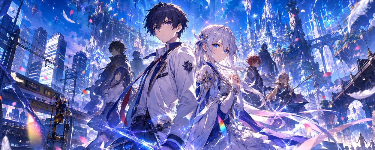 Zwei animehafte Fantasy-Helden stehen vor einem mit einer anderen Welt verschmolzenen Tokyo, während magische Prisma-Energie und Lichtfragmente um sie schweben.