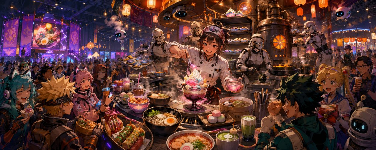 Eine bunte Fantasy-Messehalle mit Cosplayern, Kochbühne, Anime-Desserts, Matcha, Mochi und futuristischen Food-Ständen.