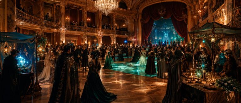 Ein historischer Ballsaal mit Kronleuchtern wird zu einer magischen Fantasy-Erlebniswelt mit tanzenden Gästen, Marktständen und Rätselstationen.