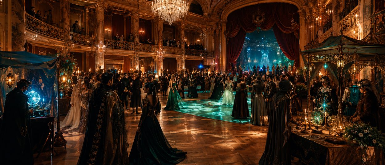 Ein historischer Ballsaal mit Kronleuchtern wird zu einer magischen Fantasy-Erlebniswelt mit tanzenden Gästen, Marktständen und Rätselstationen.
