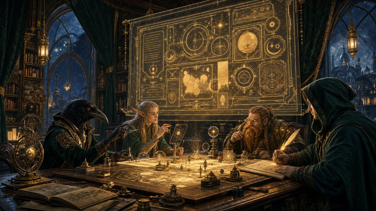 Magisches Werbeatelier im Fantasy-Stil: An einem langen Holztisch planen rätselhafte Gestalten mit leuchtenden Karten, Pergamenten und goldenen Schreibfedern eine Kampagne, während über ihnen ein schimmerndes Banner aus Licht und Runen schwebt.