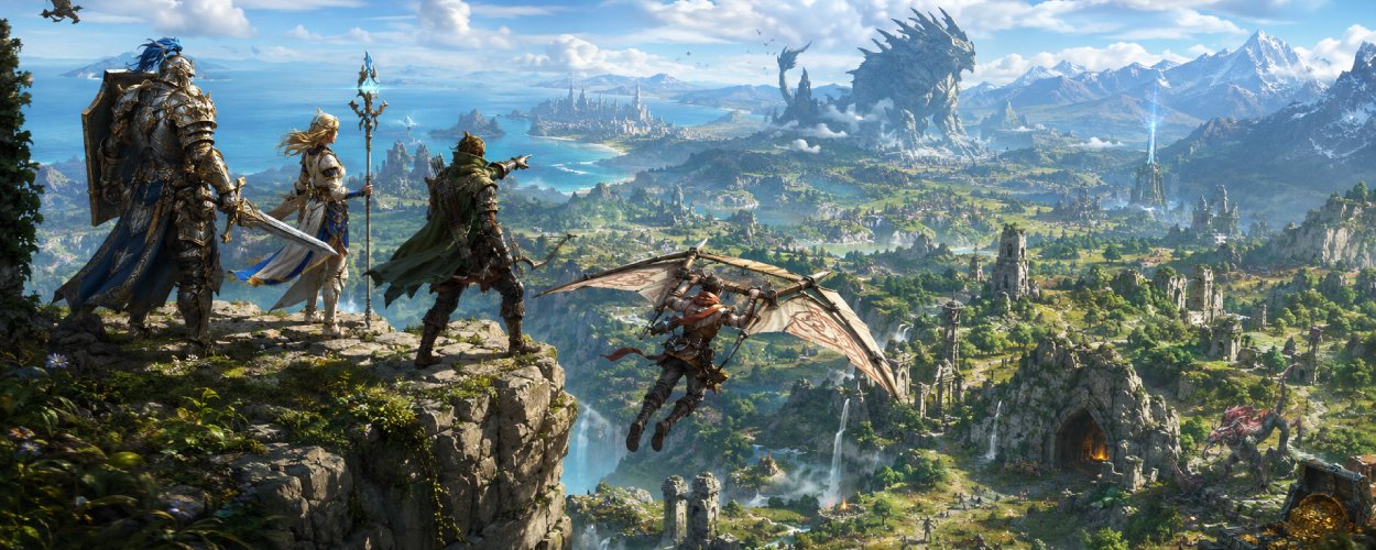 Vier Fantasy-Abenteurer stehen auf einer Klippe und blicken über eine weite, farbenfrohe Landschaft mit Ruinen, Bergen, Wasserfällen und einem fernen Monster.