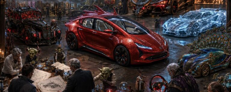 Satirische Fantasy-Illustration einer magischen Luxusauto-Werkstatt der Zwischenreiche, in der ein rotes futuristisches Familienauto und mehrere absurde Edelkarossen von Goblins, Magiern und Ingenieuren begutachtet werden.
