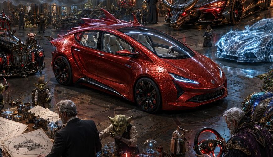 Satirische Fantasy-Illustration einer magischen Luxusauto-Werkstatt der Zwischenreiche, in der ein rotes futuristisches Familienauto und mehrere absurde Edelkarossen von Goblins, Magiern und Ingenieuren begutachtet werden.