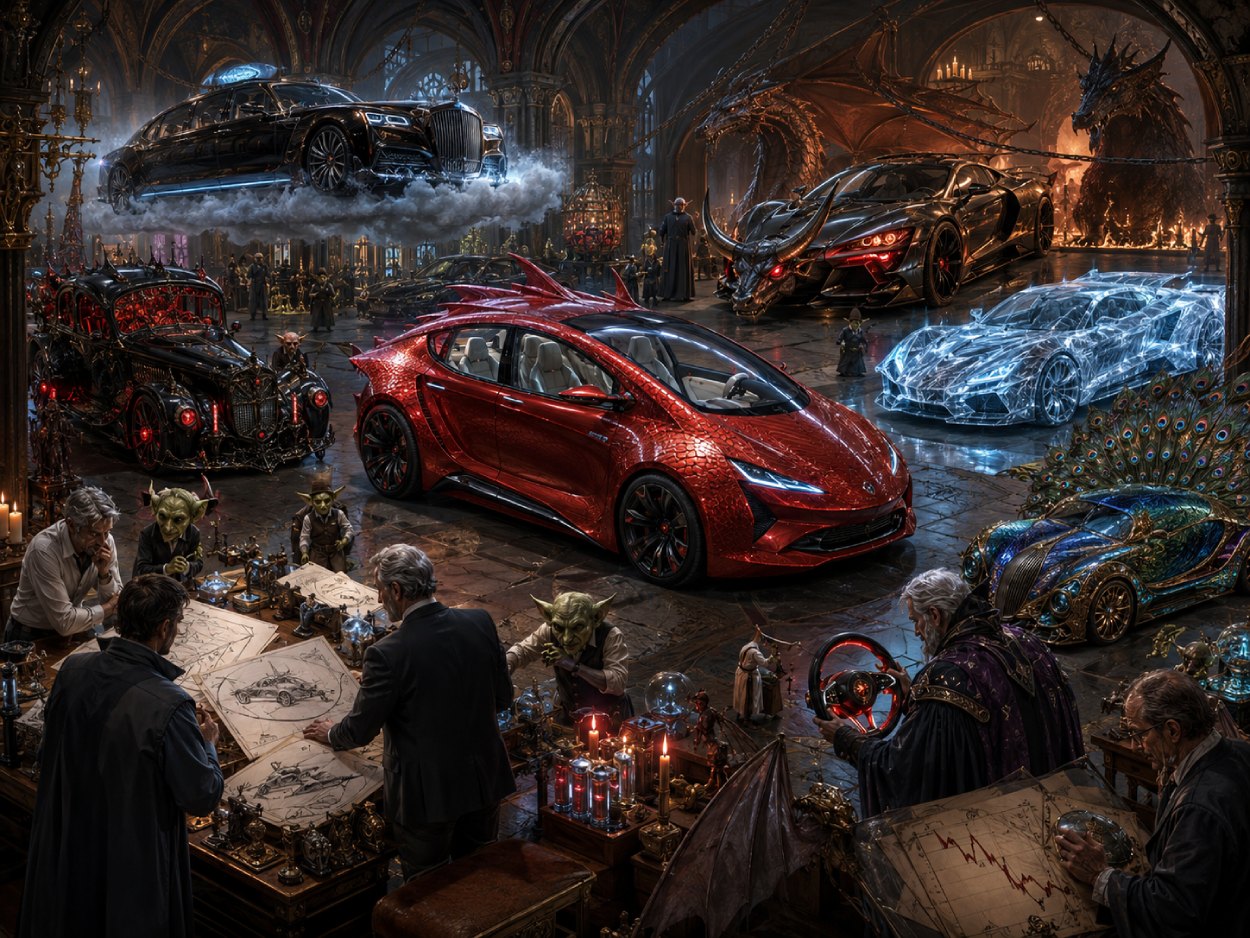 Satirische Fantasy-Illustration einer magischen Luxusauto-Werkstatt der Zwischenreiche, in der ein rotes futuristisches Familienauto und mehrere absurde Edelkarossen von Goblins, Magiern und Ingenieuren begutachtet werden.