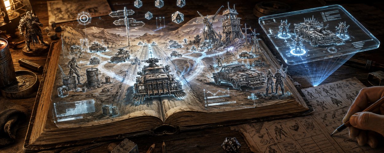 Ein altes Spielbuch liegt offen auf einem Tisch, während darüber holografische Straßen, Würfel, Fahrzeuge und postapokalyptische Gegner aus den Seiten aufsteigen.