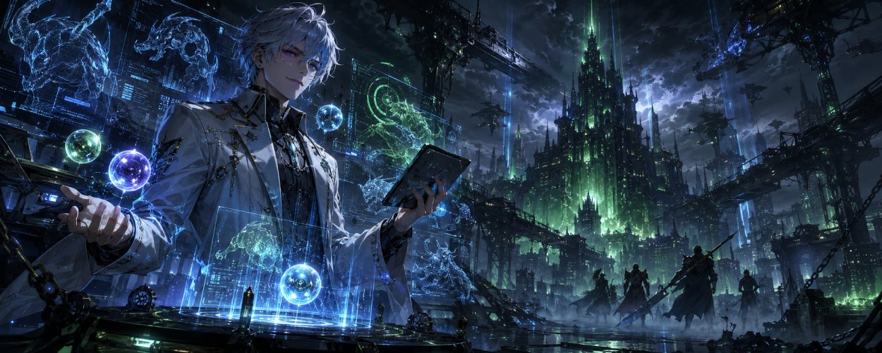 Ein futuristischer junger Forscher steht vor holografischen Kampfsimulationen, während im Hintergrund eine gewaltige Fantasy-Metropole in blauem Licht schimmert.