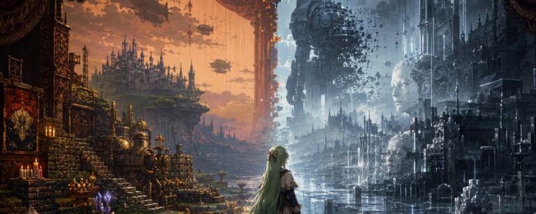 Eine klassische Rollenspielwelt zerfällt zwischen alter Pixelästhetik und kaltem maschinellem Glanz, während eine einsame Fantasyfigur vor Opernvorhängen, Maschinenruinen und künstlichem Nebel steht.