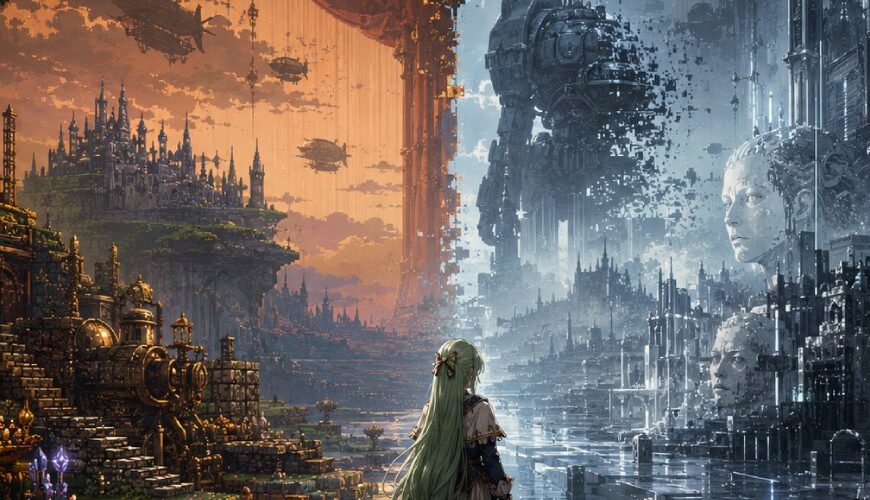 Eine klassische Rollenspielwelt zerfällt zwischen alter Pixelästhetik und kaltem maschinellem Glanz, während eine einsame Fantasyfigur vor Opernvorhängen, Maschinenruinen und künstlichem Nebel steht.