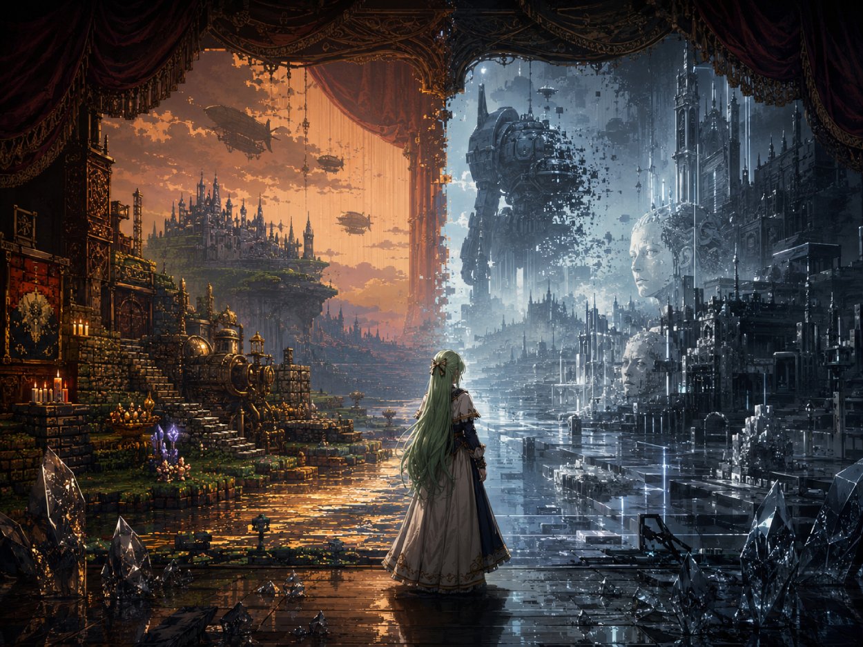 Eine klassische Rollenspielwelt zerfällt zwischen alter Pixelästhetik und kaltem maschinellem Glanz, während eine einsame Fantasyfigur vor Opernvorhängen, Maschinenruinen und künstlichem Nebel steht.