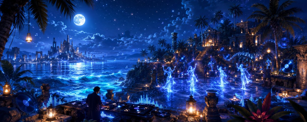 Eine tropische Fantasy-Insel bei Nacht verwandelt sich in eine leuchtende Clubszene mit Wasser, Tempelruinen, tiefem Basslicht und schwebenden Noten.