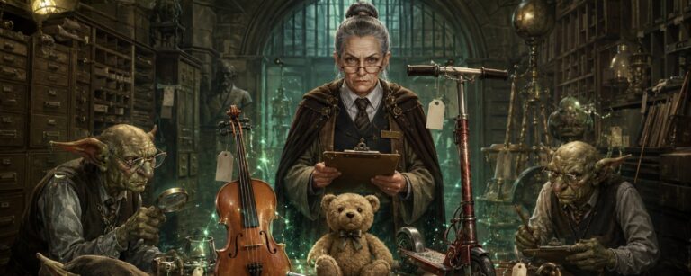 Satirische Fantasy-Szene in einem geheimnisvollen Fundbüro, in dem eine Geige, ein Teddy und ein Kinder-Tretroller wie verfluchte Artefakte auf einem Auktionstisch liegen.