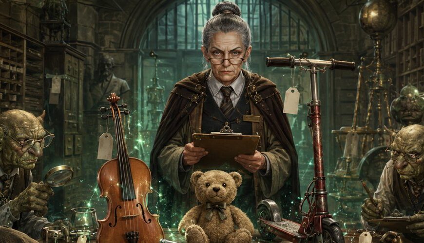 Satirische Fantasy-Szene in einem geheimnisvollen Fundbüro, in dem eine Geige, ein Teddy und ein Kinder-Tretroller wie verfluchte Artefakte auf einem Auktionstisch liegen.