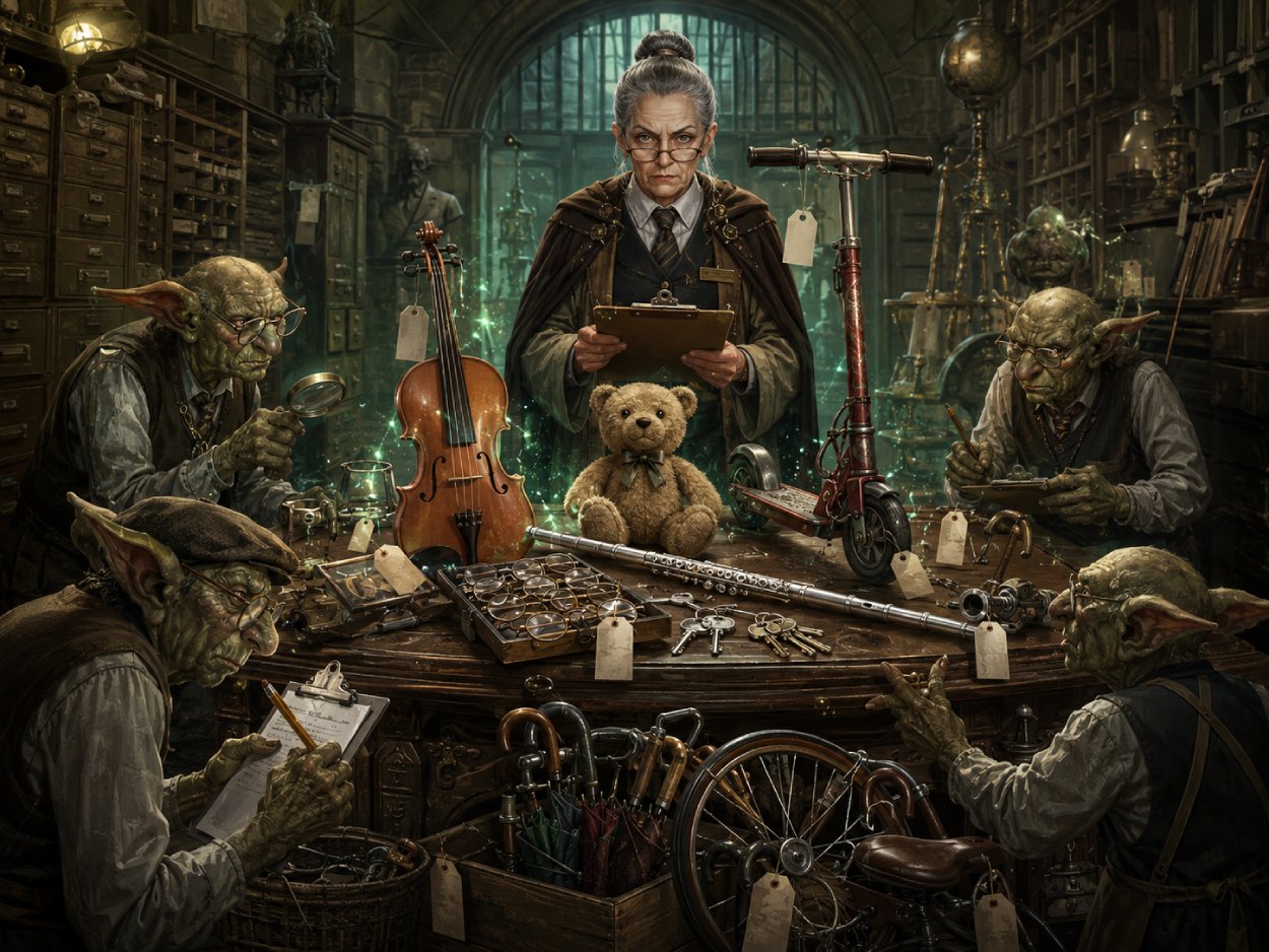 Satirische Fantasy-Szene in einem geheimnisvollen Fundbüro, in dem eine Geige, ein Teddy und ein Kinder-Tretroller wie verfluchte Artefakte auf einem Auktionstisch liegen.
