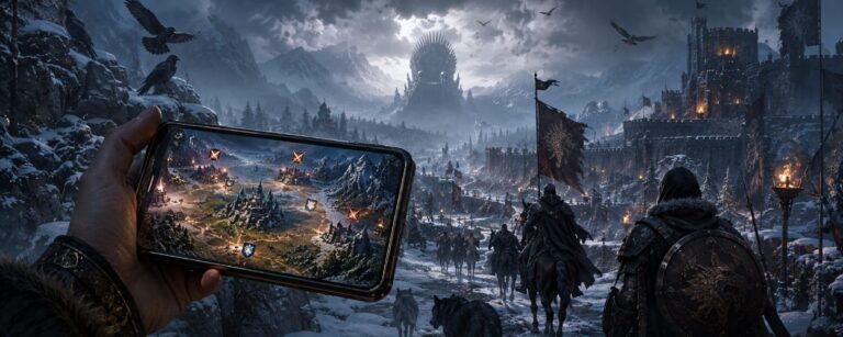 Eine Hand hält ein leuchtendes Smartphone vor einer verschneiten Fantasy-Burgstraße mit Raben, Wölfen, Bannern und einem dunklen Thron im Nebel.