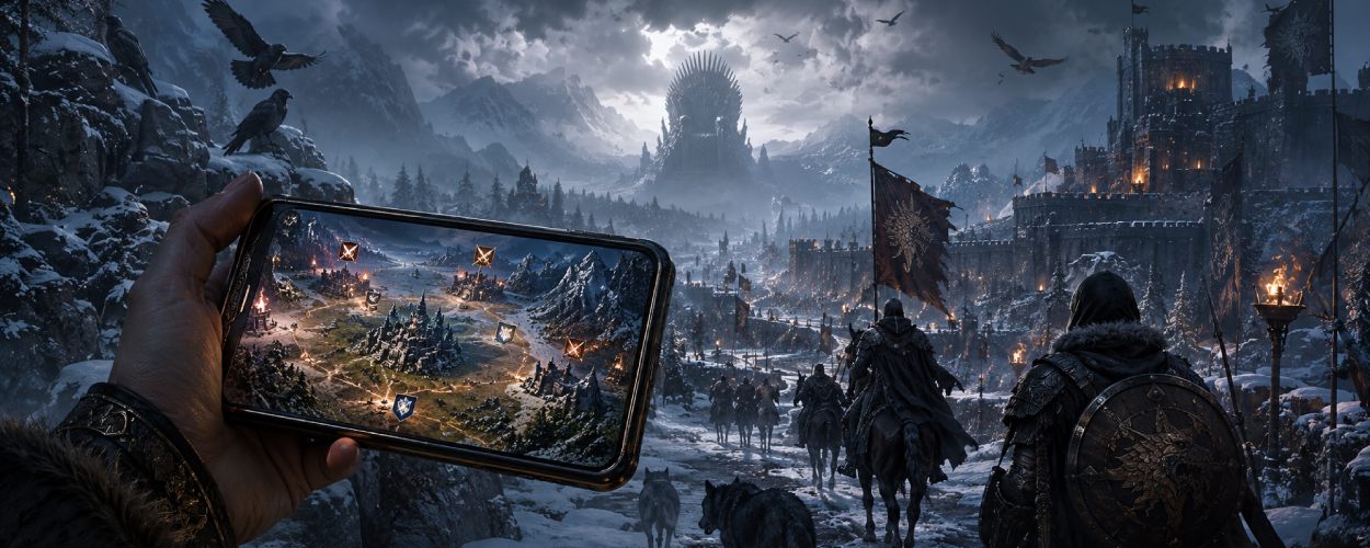 Eine Hand hält ein leuchtendes Smartphone vor einer verschneiten Fantasy-Burgstraße mit Raben, Wölfen, Bannern und einem dunklen Thron im Nebel.