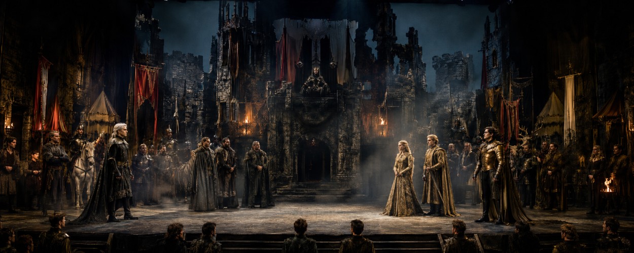 Eine düstere Theaterbühne zeigt ein mittelalterliches Turnier vor den Ruinen von Harrenhal, während junge Adlige, Ritter und ein wahnsinnig wirkender König im Kerzenlicht stehen.