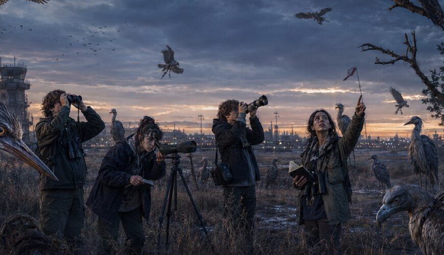 Junge Vogelbeobachter mit Ferngläsern und Spektiv stehen in einer offenen Dämmerungslandschaft, während mehrere seltsame Fantasy-Vögel aus Ästen, Ruinen und der Luft auffällig aufmerksam zurückstarren.