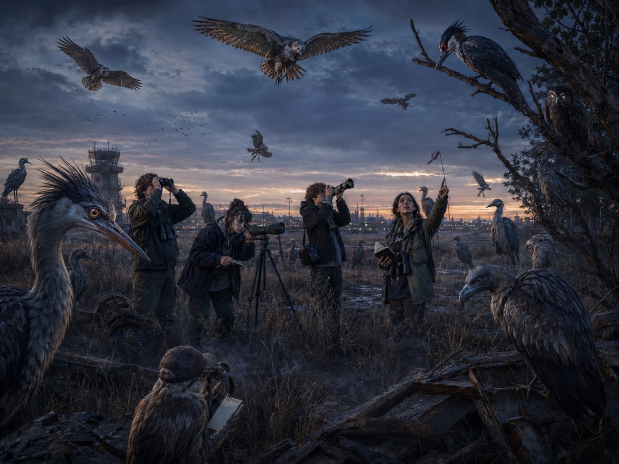 Junge Vogelbeobachter mit Ferngläsern und Spektiv stehen in einer offenen Dämmerungslandschaft, während mehrere seltsame Fantasy-Vögel aus Ästen, Ruinen und der Luft auffällig aufmerksam zurückstarren.