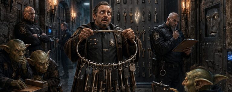 Satirische Fantasy-Szene in einem düsteren Gefängnisgang, in der ein überforderter Schlüsselmeister mit leerem Schlüsselring vor einer Reihe verschlossener Türen steht.