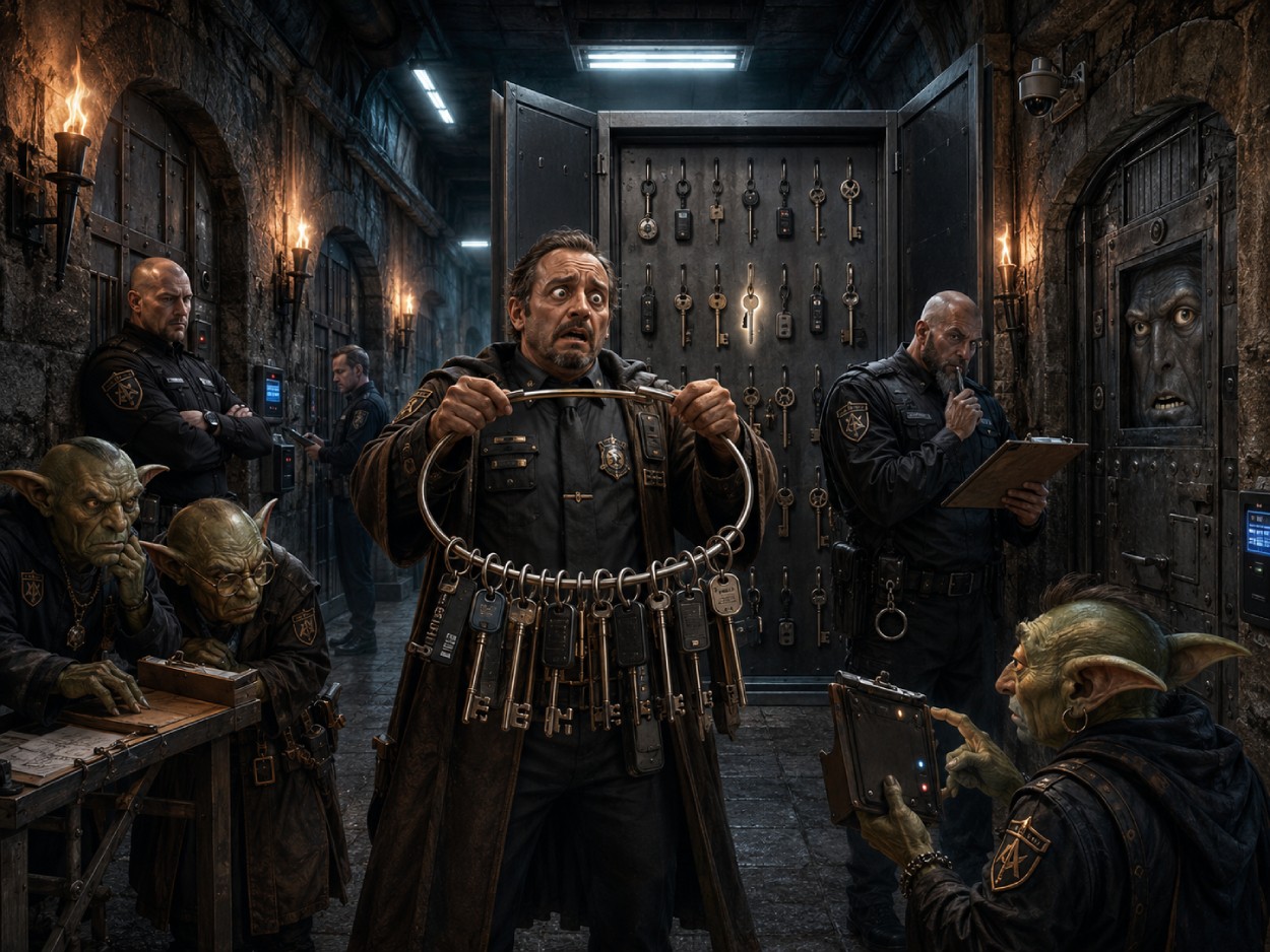 Satirische Fantasy-Szene in einem düsteren Gefängnisgang, in der ein überforderter Schlüsselmeister mit leerem Schlüsselring vor einer Reihe verschlossener Türen steht.