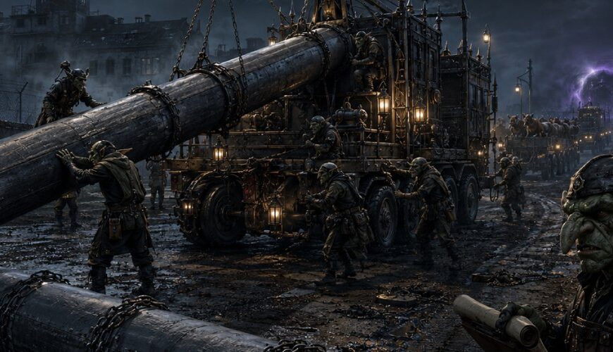 Nächtliche Dark-Fantasy-Szene auf einem ehemaligen Kasernengelände: Goblinartige Gestalten verladen mit Kran und schwerem Transportfahrzeug riesige gestohlene Strommasten. Im Hintergrund leuchtet ein violettes Portal, während weitere Transporte in Richtung Zwischenreiche verschwinden.
