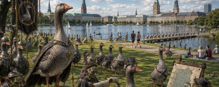 Satirische Fantasy-Szene auf den Hamburger Alsterwiesen, in der Graugänse wie ein schnatterndes Imperium die Grünflächen, Stege und Wege besetzen.