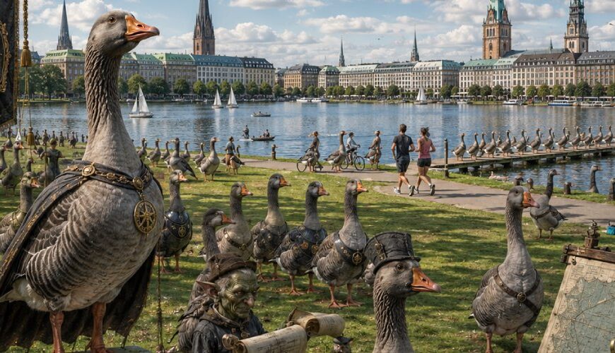 Satirische Fantasy-Szene auf den Hamburger Alsterwiesen, in der Graugänse wie ein schnatterndes Imperium die Grünflächen, Stege und Wege besetzen.