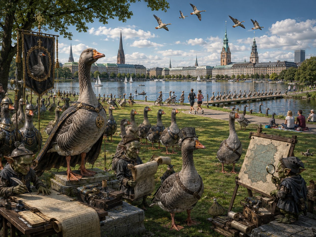 Satirische Fantasy-Szene auf den Hamburger Alsterwiesen, in der Graugänse wie ein schnatterndes Imperium die Grünflächen, Stege und Wege besetzen.