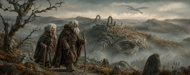 Ein altes Paar wandert durch eine neblige postarthurische Landschaft, während unter den Hügeln die Form eines gewaltigen schlafenden Riesen zu erahnen ist.