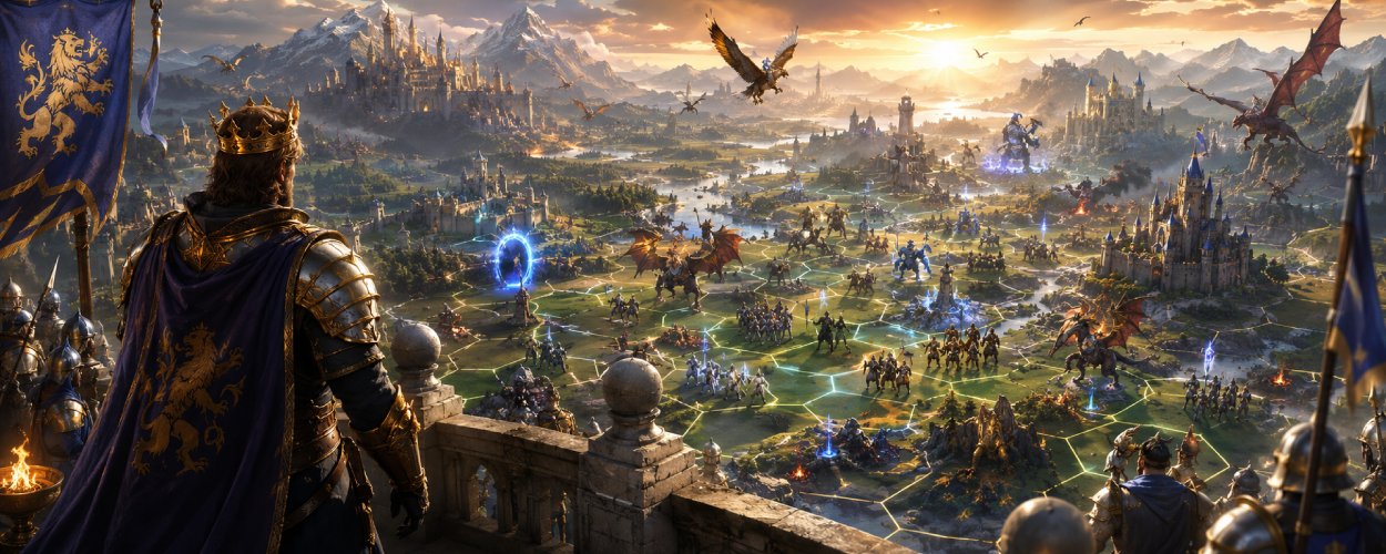 Ein mächtiger Fantasy-Held steht vor einer alten Burg, während Drachen, Greifen und Armeen auf Hexfeldern in eine große Strategieschlacht ziehen.