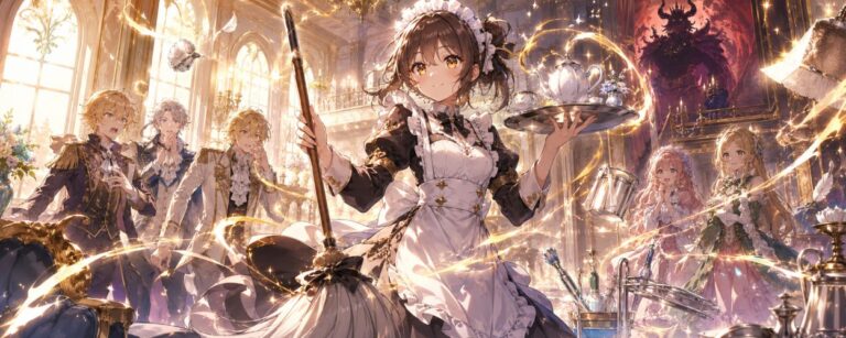 Ein magisch begabtes Dienstmädchen steht mit Besen und Teetablett in einem hellen Fantasy-Anwesen, während goldene Magie, höfische Figuren und ein drohender Dämonenkönig im Hintergrund erscheinen.