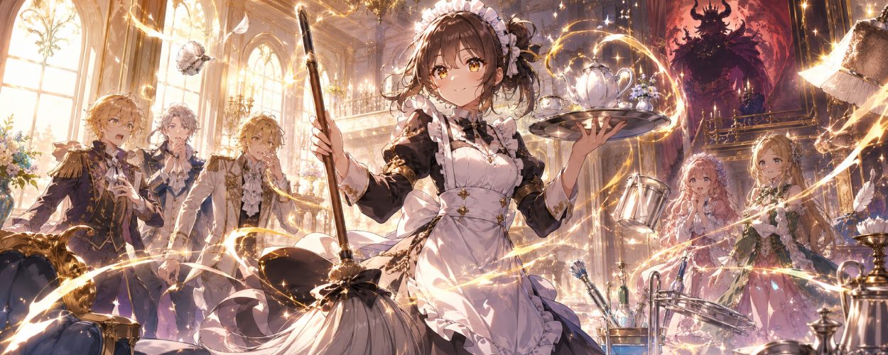 Ein magisch begabtes Dienstmädchen steht mit Besen und Teetablett in einem hellen Fantasy-Anwesen, während goldene Magie, höfische Figuren und ein drohender Dämonenkönig im Hintergrund erscheinen.