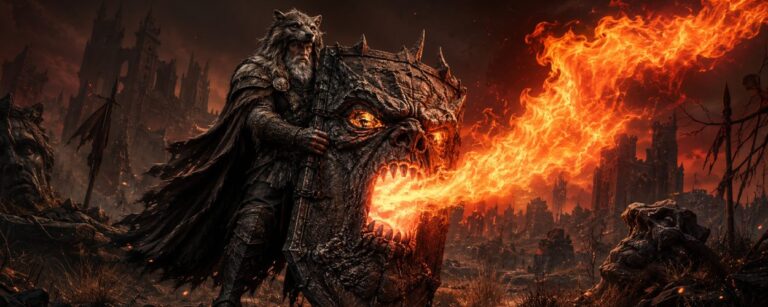Ein alternder Fantasy-Krieger mit Wolfhelm hält einen riesigen feuerspeienden Gesichtsschild in einer düsteren Ruinenlandschaft.