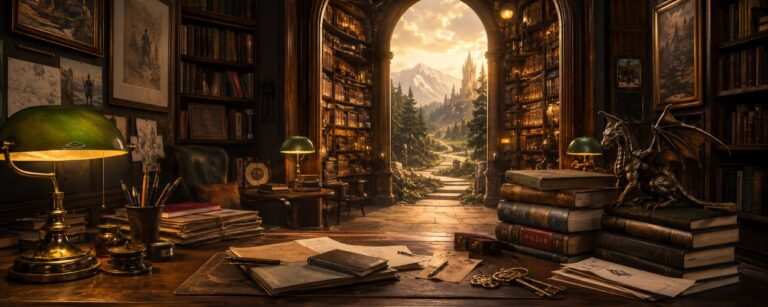 Ein alter Fantasy-Verlagssaal mit hohen Bücherregalen, grünen Leselampen und einem schweren Schreibtisch, auf dem Manuskripte, Schlüssel und eine kleine Drachenfigur liegen.