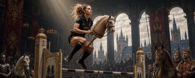 Junge Hobby-Horserin springt mit Steckenpferd in einer großen mittelalterlich anmutenden Arena über ein Hindernis. Um sie herum stehen echte Pferde, Adlige, Wachen und Zuschauer, während im Hintergrund die Türme einer pragerähnlichen Stadt zu sehen sind.
