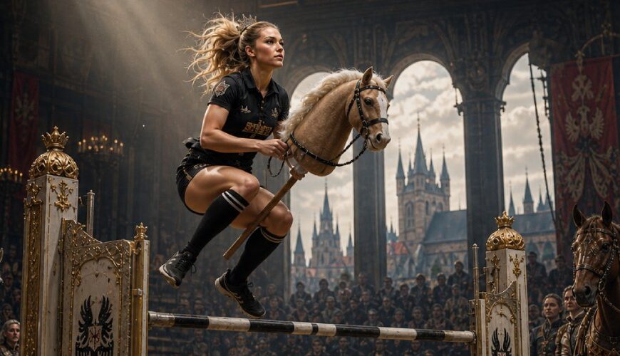 Junge Hobby-Horserin springt mit Steckenpferd in einer großen mittelalterlich anmutenden Arena über ein Hindernis. Um sie herum stehen echte Pferde, Adlige, Wachen und Zuschauer, während im Hintergrund die Türme einer pragerähnlichen Stadt zu sehen sind.