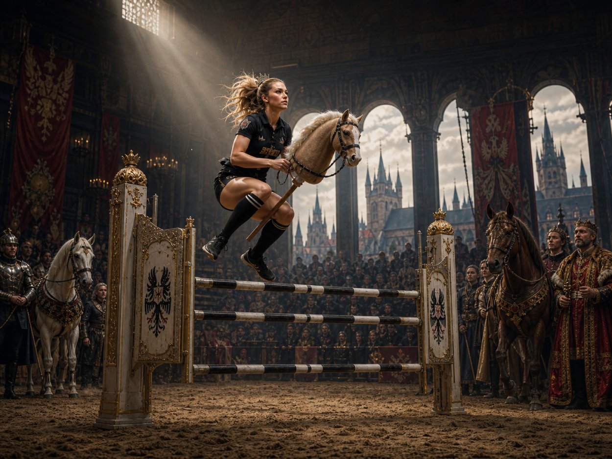 Junge Hobby-Horserin springt mit Steckenpferd in einer großen mittelalterlich anmutenden Arena über ein Hindernis. Um sie herum stehen echte Pferde, Adlige, Wachen und Zuschauer, während im Hintergrund die Türme einer pragerähnlichen Stadt zu sehen sind.