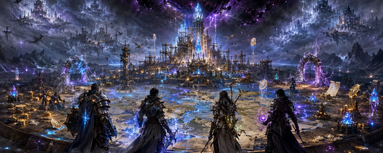 Eine im Aufbau befindliche Fantasy-MMO-Stadt schwebt über einem digitalen Spieltisch, umgeben von Münzen, Portalen, Klassen-Symbolen und dunklen Rissen am Horizont.