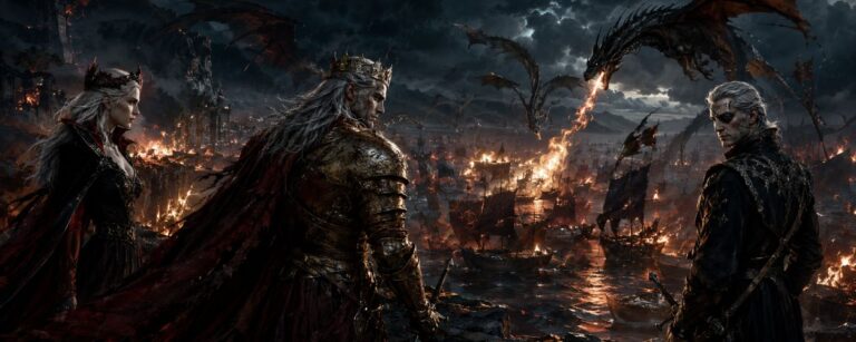 Drachen fliegen über einer brennenden Seeschlacht, während Schiffe im Feuer versinken und königliche Figuren auf einer Klippe dem Krieg zusehen.
