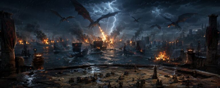Eine nächtliche Seeschlacht mit brennenden Schiffen und Drachen über stürmischem Wasser, während im Vordergrund eine zerbrochene Kriegskarte liegt.