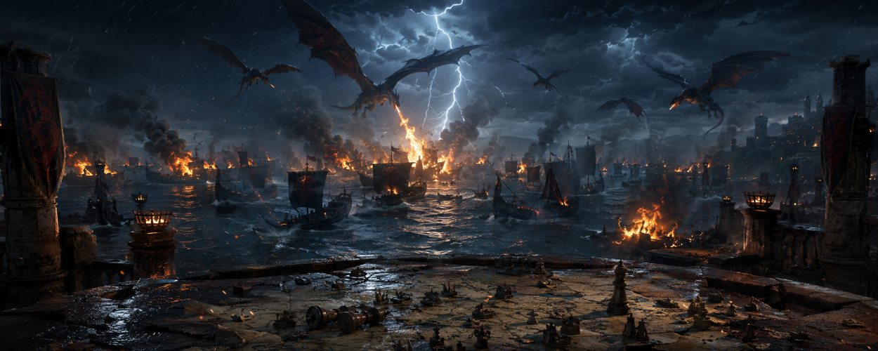 Eine nächtliche Seeschlacht mit brennenden Schiffen und Drachen über stürmischem Wasser, während im Vordergrund eine zerbrochene Kriegskarte liegt.