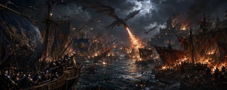Drachen fliegen über einer brennenden Seeschlacht, während Kriegsschiffe in einem sturmgepeitschten Hafenbecken zerbrechen.