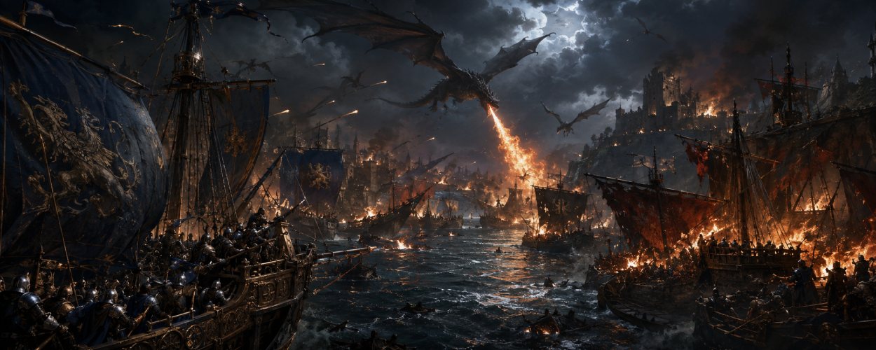 Drachen fliegen über einer brennenden Seeschlacht, während Kriegsschiffe in einem sturmgepeitschten Hafenbecken zerbrechen.