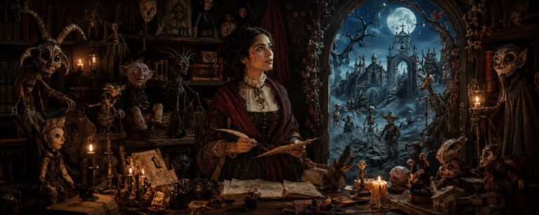 Eine junge Schriftstellerin steht in einem kerzenbeleuchteten Arbeitszimmer, während handgemachte Monster aus ihren Manuskripten lebendig werden und sich ein dunkles Fantasyreich öffnet.